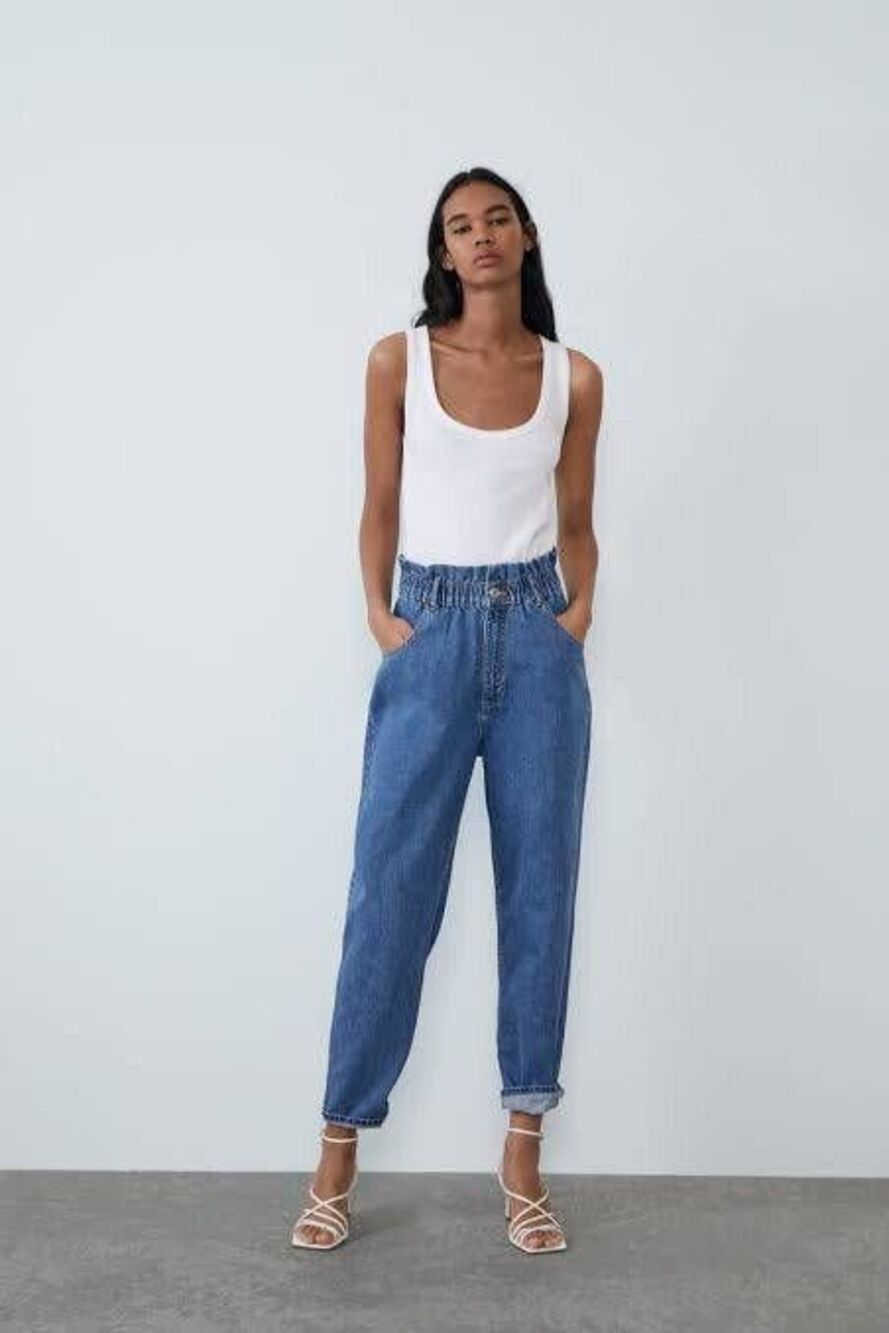 Zara Paperbag High Rise Straight Leg Barrel Jeans 2 Preppy Femme Trendy Contempo